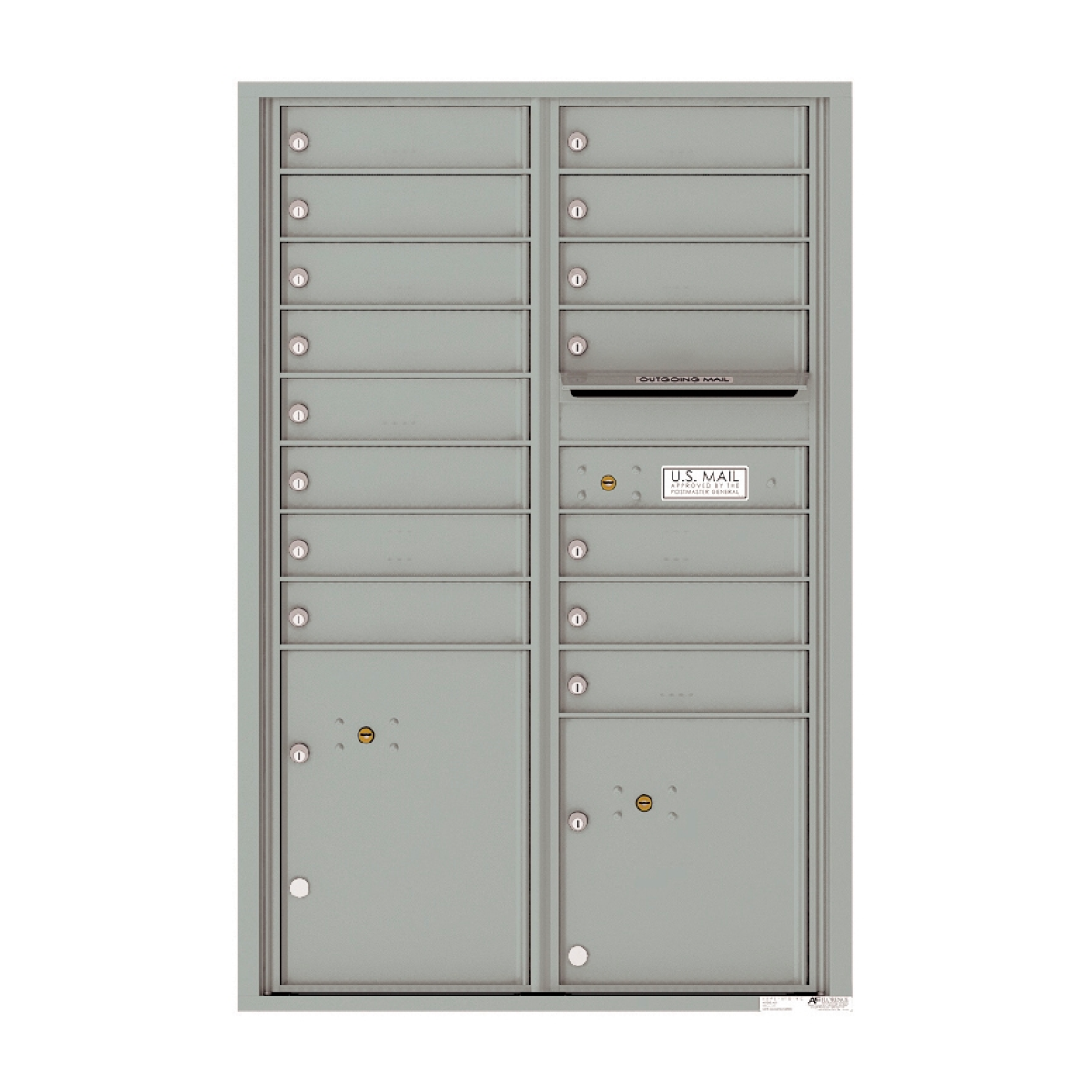 Recessed 4C Horizontal Mailbox – 15 Doors 2 Parcel Lockers – Front Loading – 4C13D-15 – USPS Approved Product Image